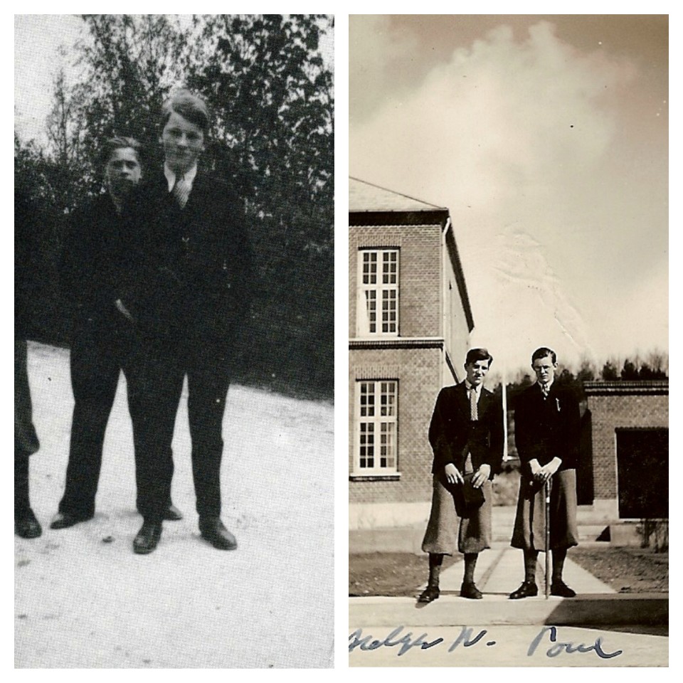 1934 – t.v Niels P forrest, – t.h. to klassekammerater Holger og Poul foran den helt nye tværfløj