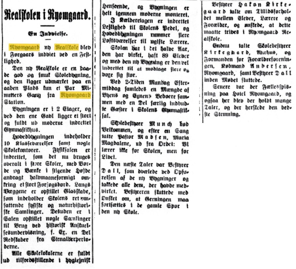 Artikel fra Aarhus Stiftstidende omhandlende indvielsen af Ryomgaard Realskole 1913